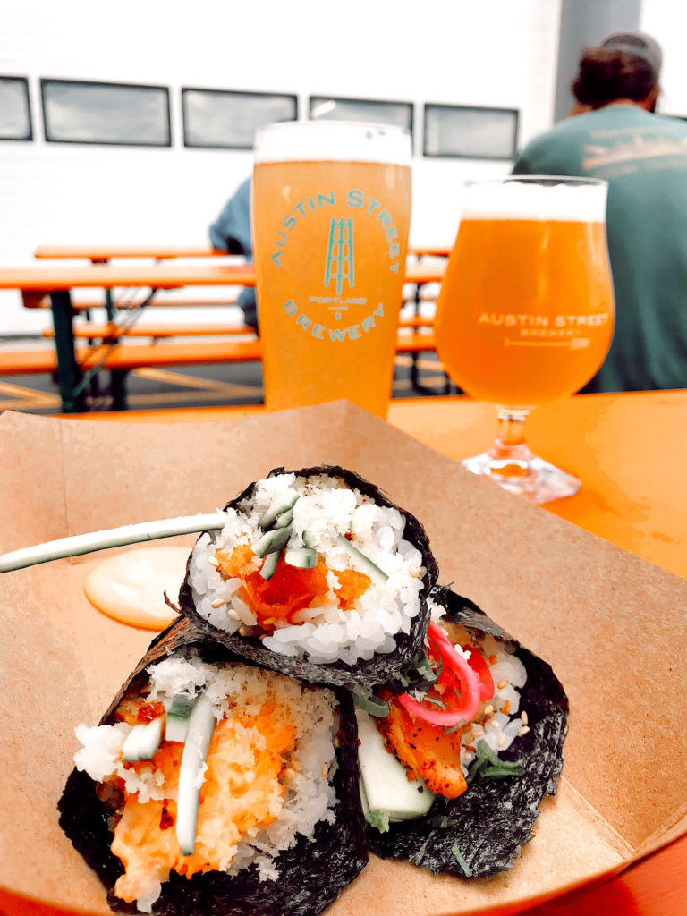Mr. Tuna sushi with Austin Street Brewery Beer in Portland Maine